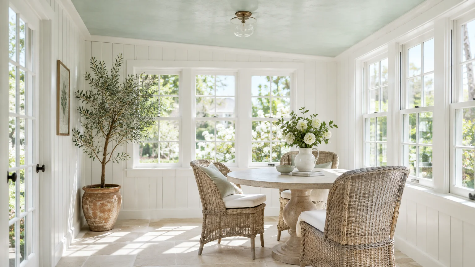 Sunroom with wicker dining chairs, round stone table, potted olive tree, white walls, and a pale mint green ceiling.