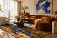 Living room with a curved rust-orange velvet sectional, blue and gold rug, abstract blue wall art, and round coffee table.