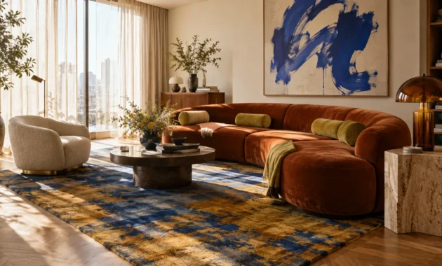 Living room with a curved rust-orange velvet sectional, blue and gold rug, abstract blue wall art, and round coffee table.