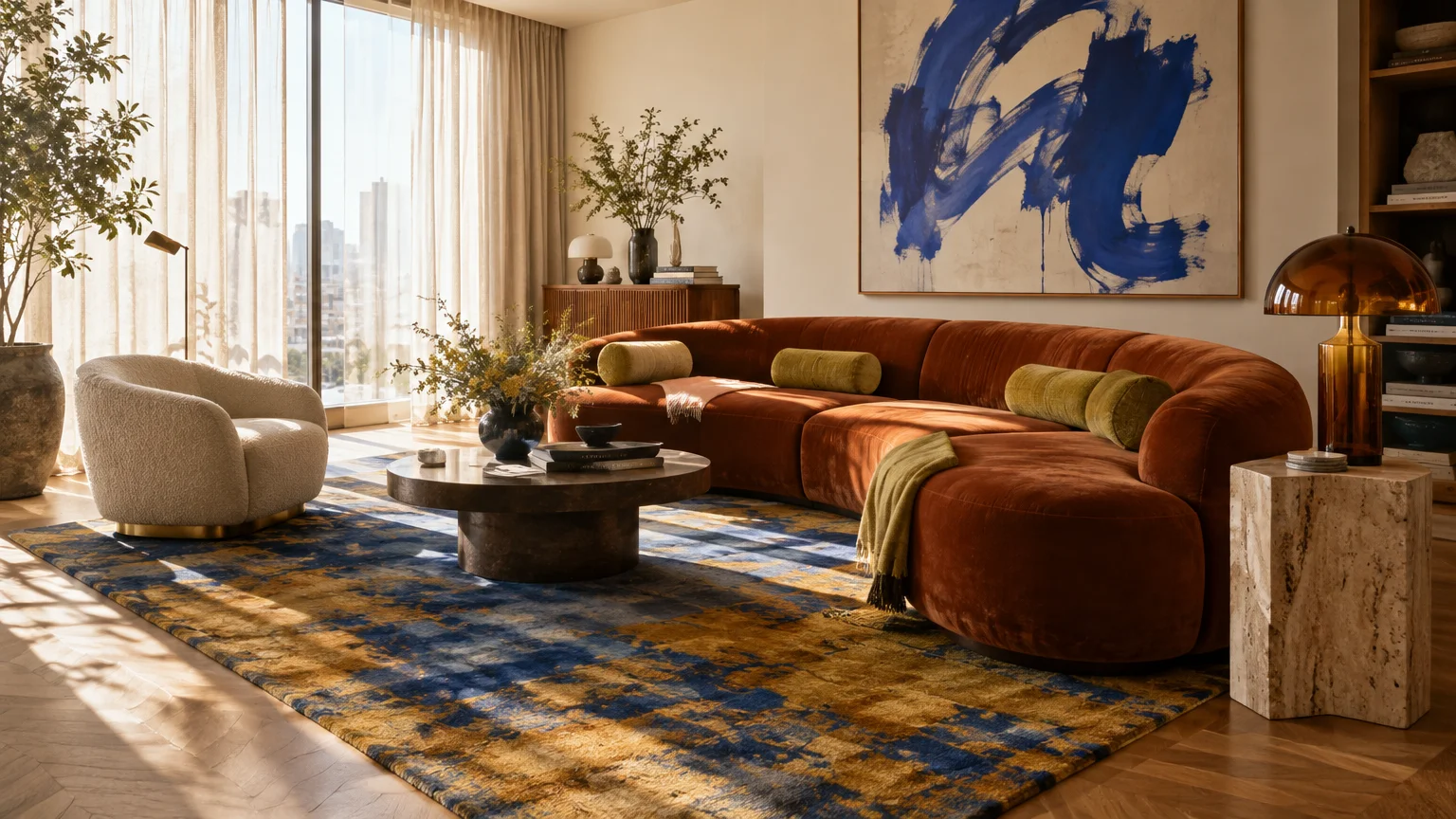 Living room with a curved rust-orange velvet sectional, blue and gold rug, abstract blue wall art, and round coffee table.