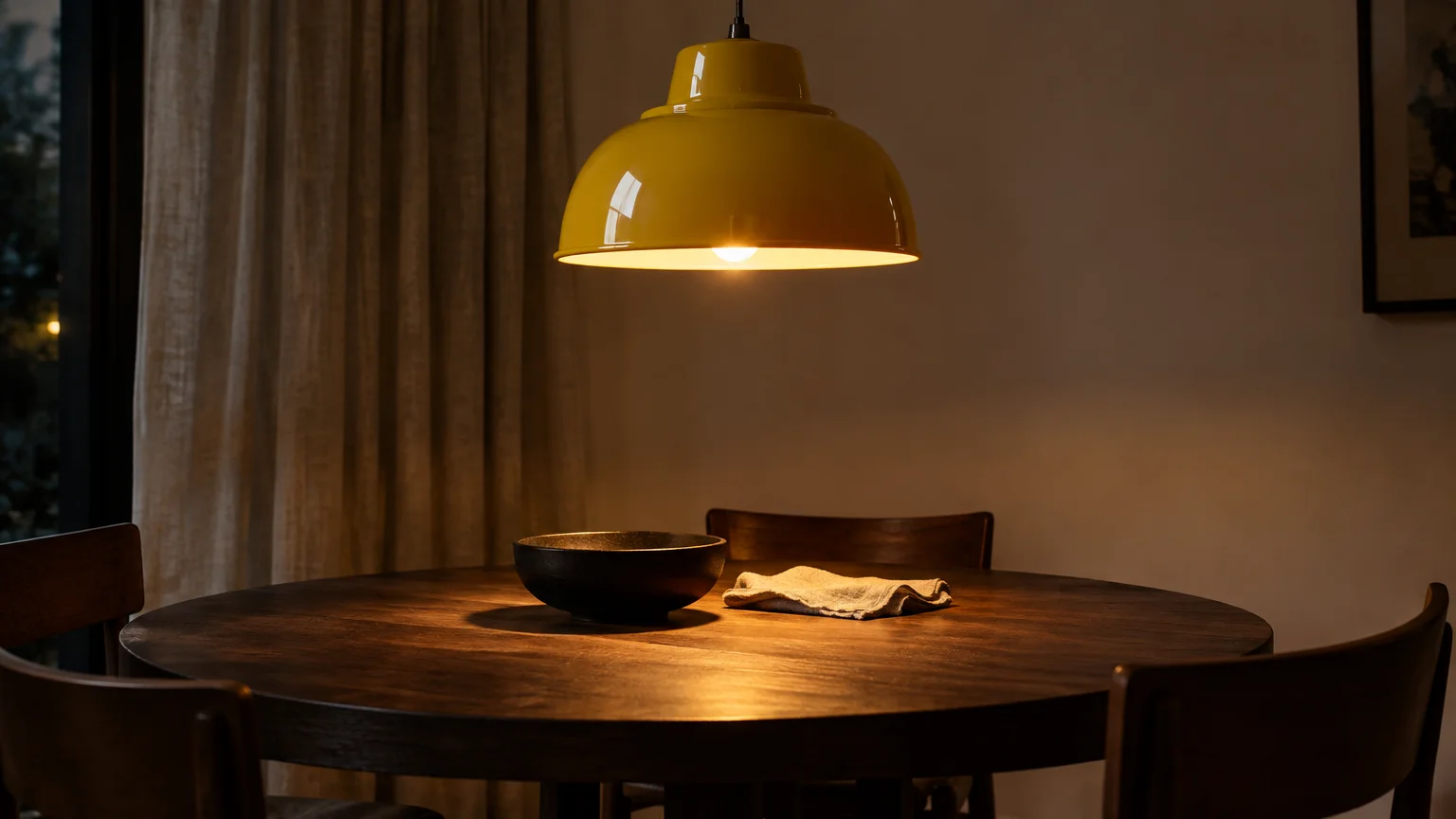 Glossy yellow dome pendant lamp hanging low and illuminating a round dark wood dining table with chairs.