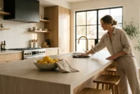 Woman wiping down a light stone kitchen island countertop in a modern, bright kitchen with wood cabinets.