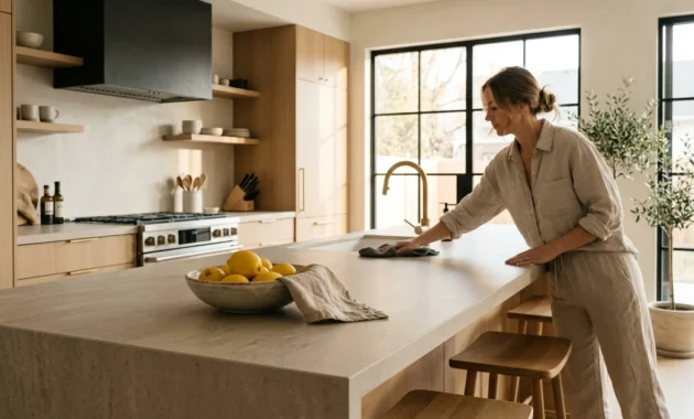 Woman wiping down a light stone kitchen island countertop in a modern, bright kitchen with wood cabinets.