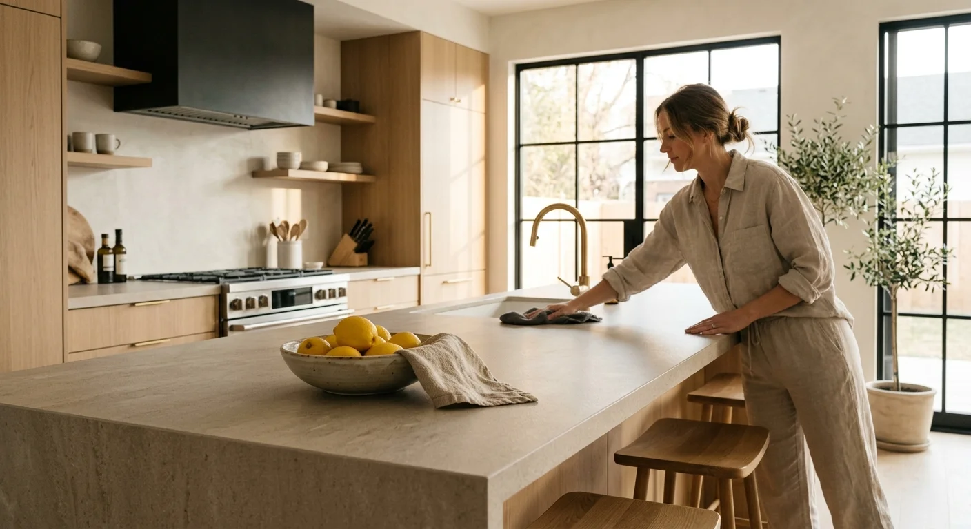 Woman wiping down a light stone kitchen island countertop in a modern, bright kitchen with wood cabinets.