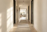 Bright hallway with cream walls, a striped runner rug, and dark door frames leading toward a sunlit living room.