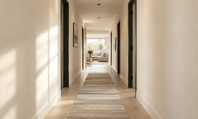 Bright hallway with cream walls, a striped runner rug, and dark door frames leading toward a sunlit living room.