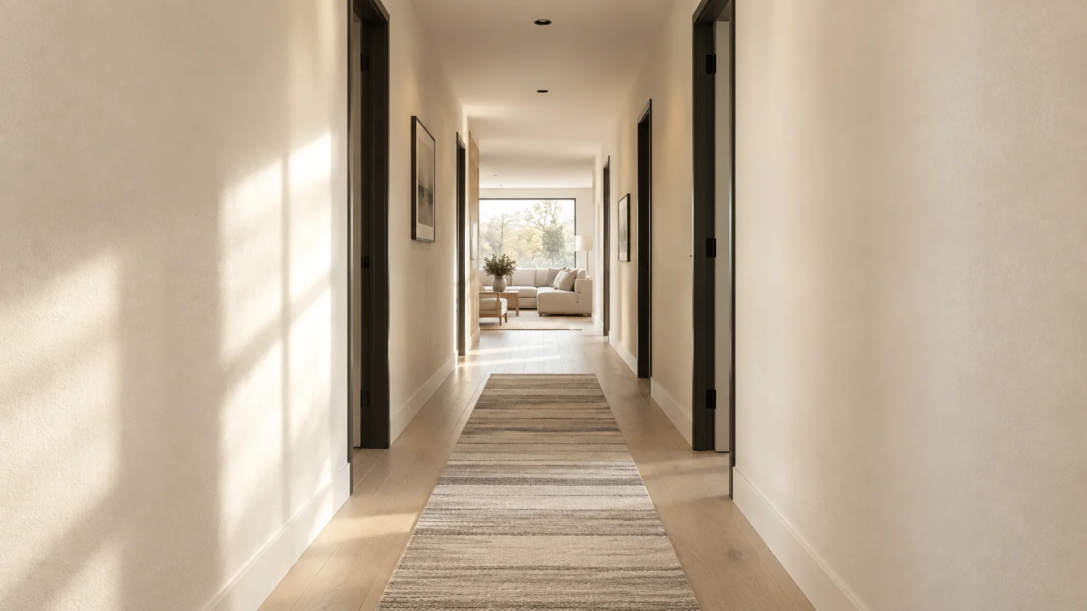 Bright hallway with cream walls, a striped runner rug, and dark door frames leading toward a sunlit living room.