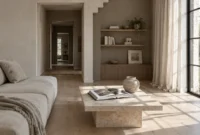 Earth-toned living room with a beige sofa, stone coffee table, built-in shelving, and large window.