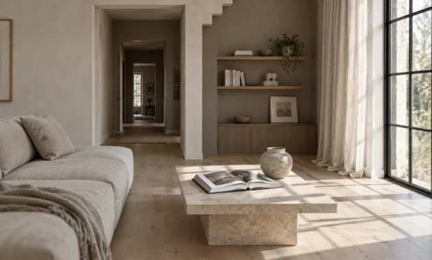 Earth-toned living room with a beige sofa, stone coffee table, built-in shelving, and large window.