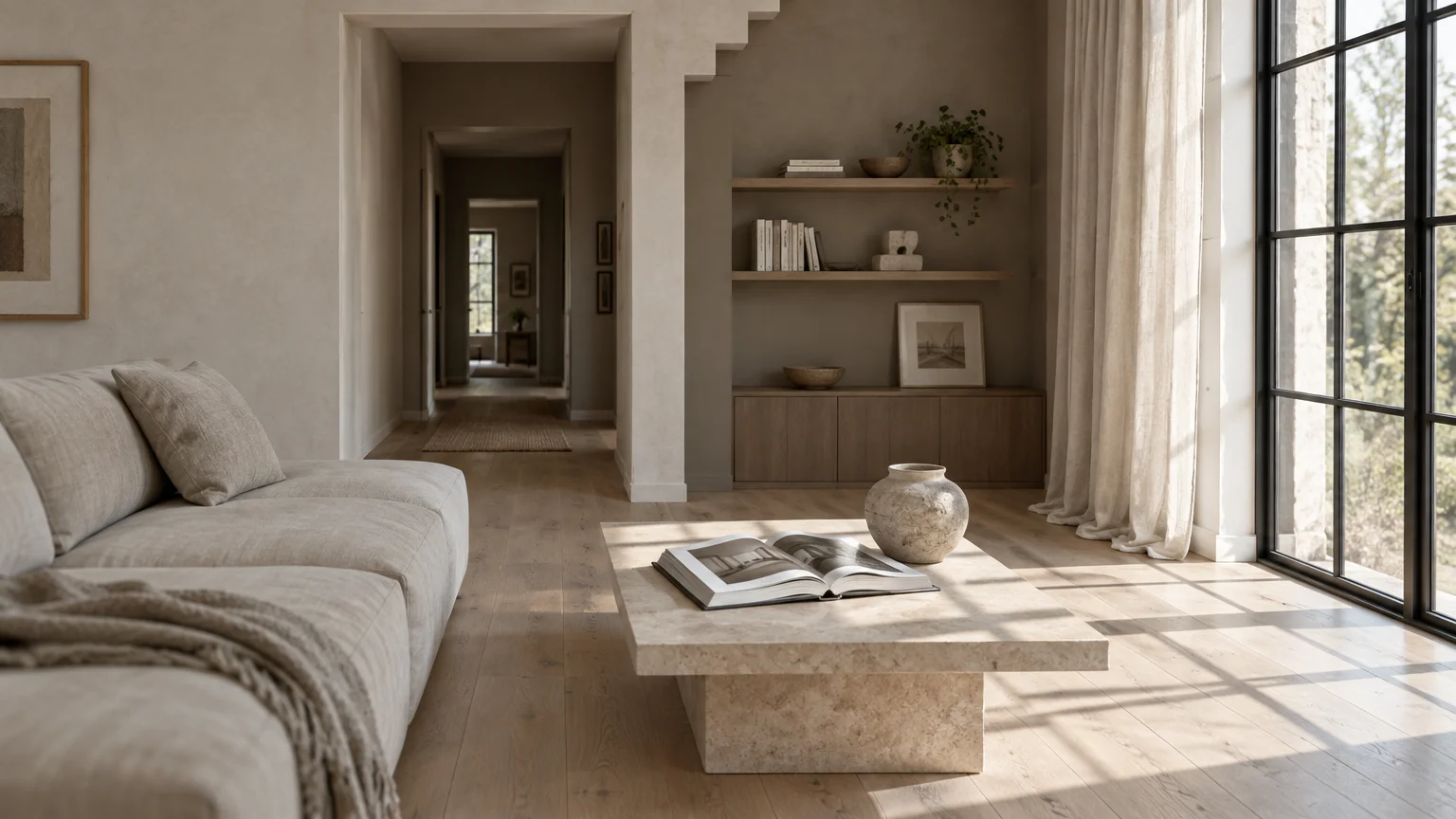 Earth-toned living room with a beige sofa, stone coffee table, built-in shelving, and large window.