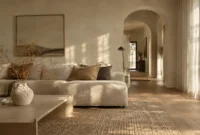 Sunlit beige living room with a low sectional sofa, coffee table, woven rug, and an arched hallway leading to another room.
