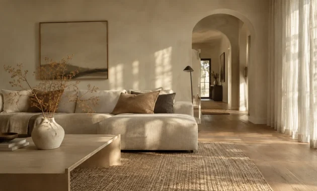 Sunlit beige living room with a low sectional sofa, coffee table, woven rug, and an arched hallway leading to another room.
