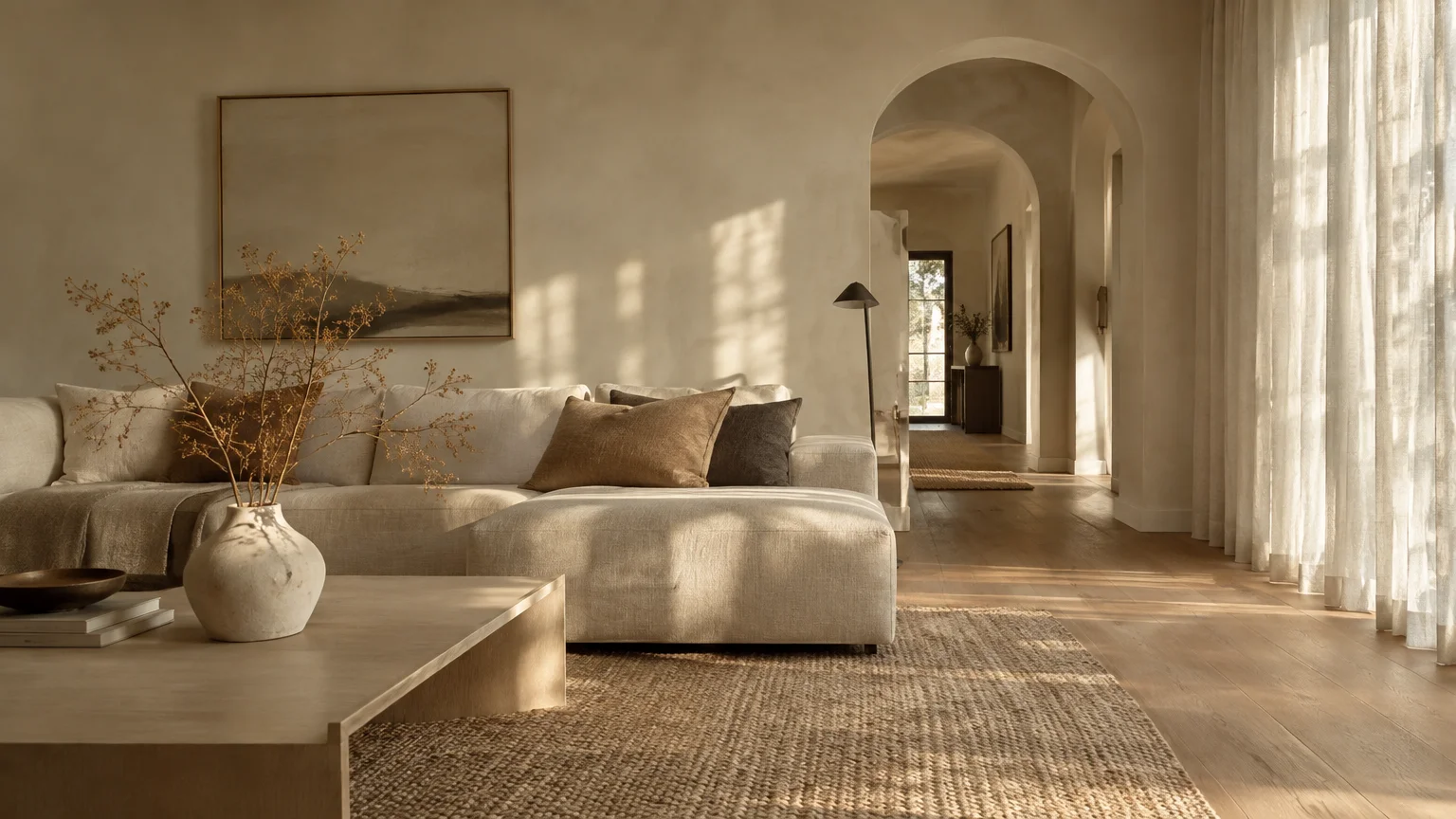 Sunlit beige living room with a low sectional sofa, coffee table, woven rug, and an arched hallway leading to another room.
