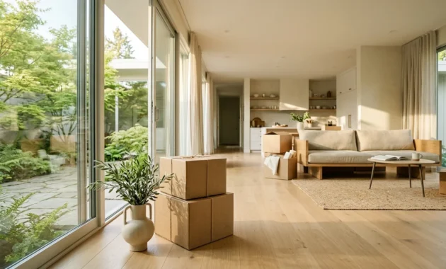 Cardboard moving boxes stacked on light hardwood floors in a sunlit modern living room with large glass patio doors.