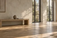 Minimalist room with herringbone wood floors, textured beige walls, large windows, and a low wooden bench holding a vase.