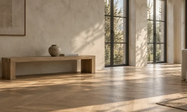 Minimalist room with herringbone wood floors, textured beige walls, large windows, and a low wooden bench holding a vase.
