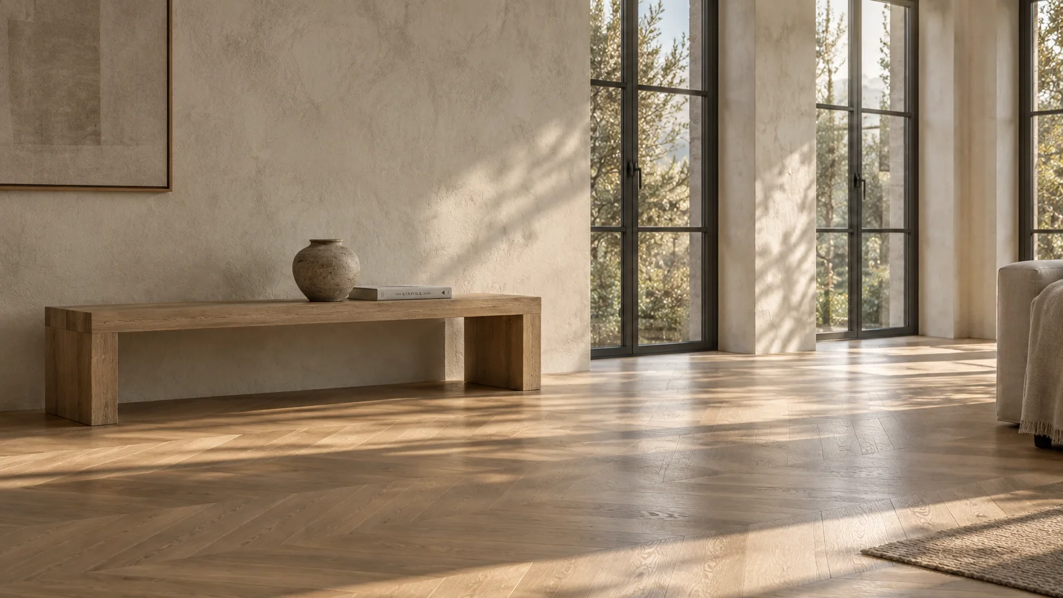 Minimalist room with herringbone wood floors, textured beige walls, large windows, and a low wooden bench holding a vase.