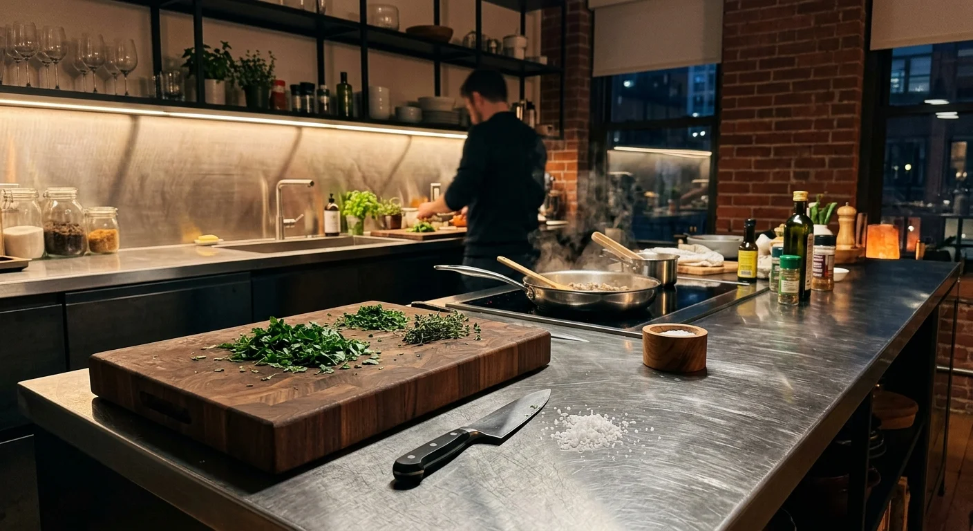 A stainless steel kitchen island with a cutting board, herbs, knife, and steaming pans with a cook in the background.