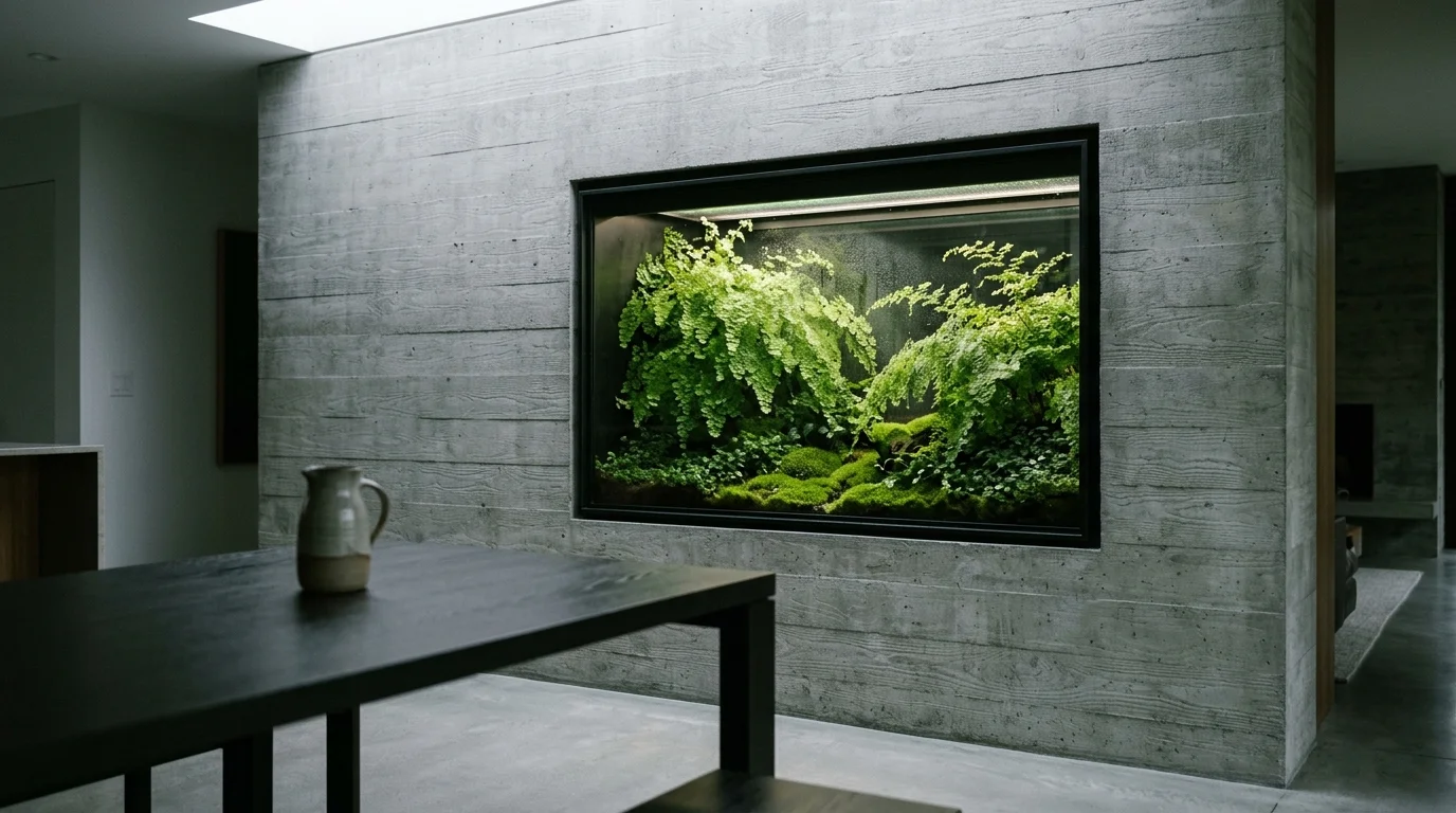 Built-in glass terrarium filled with lush green ferns and moss set inside a textured concrete wall beside a dining table.