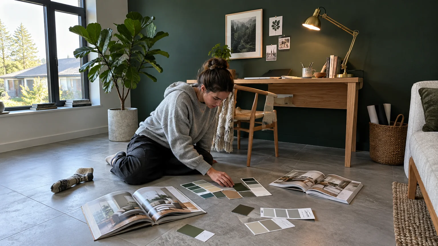 A woman sits on a gray tiled floor reviewing green and neutral paint swatches beside open interior design books.