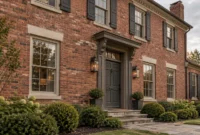 Red brick two-story house facade with dark gray front door, matching shutters, stone steps, and landscaped front bushes.