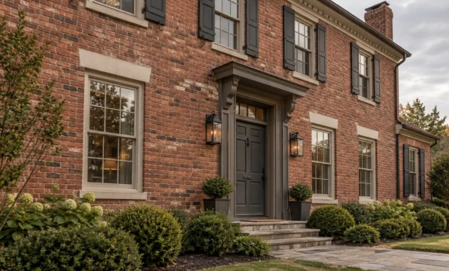 Red brick two-story house facade with dark gray front door, matching shutters, stone steps, and landscaped front bushes.
