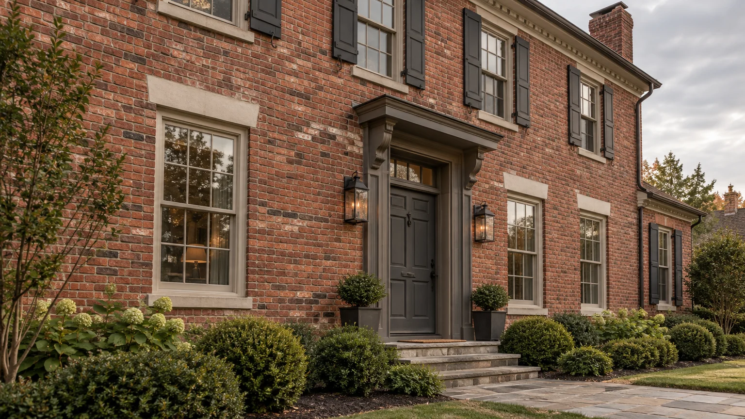 Red brick two-story house facade with dark gray front door, matching shutters, stone steps, and landscaped front bushes.