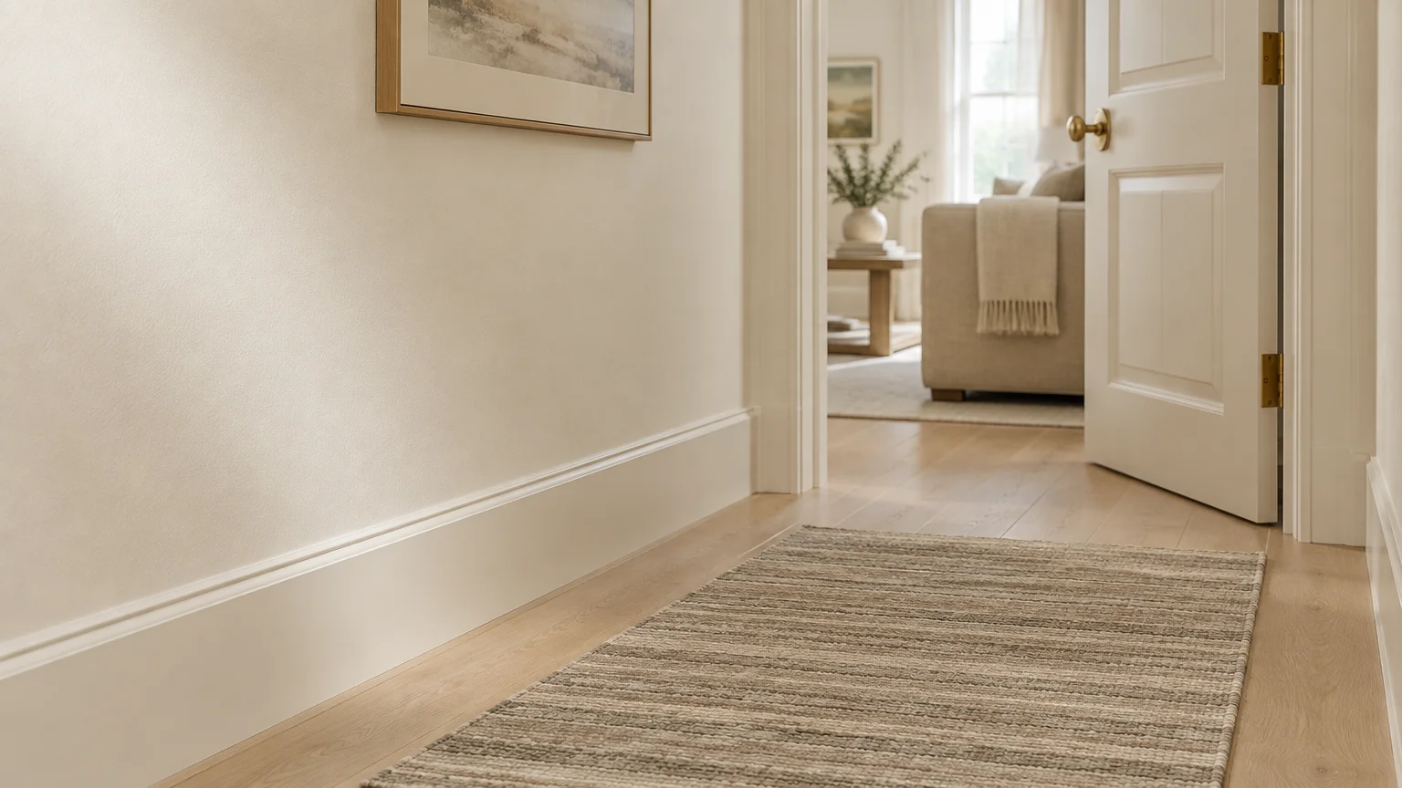 Hallway with cream walls, white trim, wood flooring with a woven runner rug, and an open door looking into a living room.
