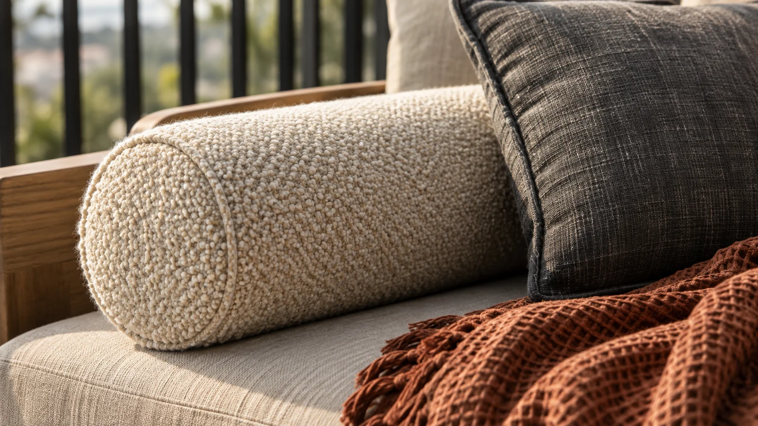 Textured cream bouclé bolster pillow resting beside a dark cushion and rust fringed throw on an outdoor daybed.