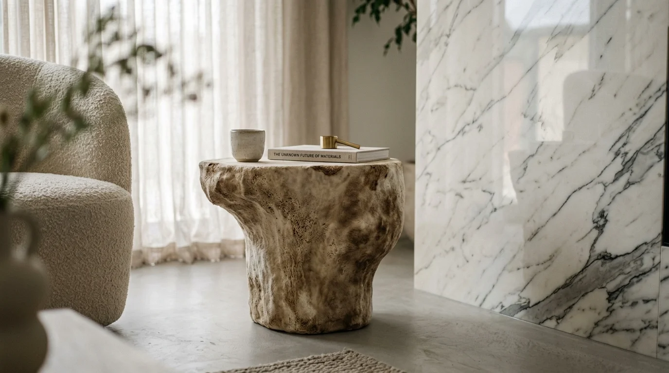 Textured beige organic side table holding a cup and book next to a white bouclé armchair and marble wall.