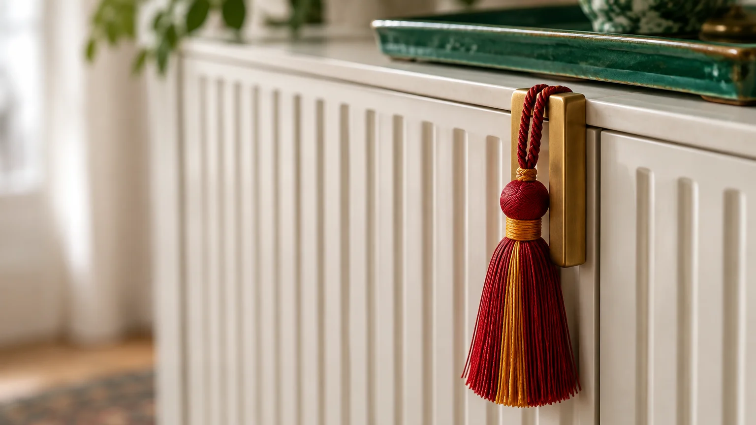 A red and gold decorative tassel hangs from a brass handle on a white fluted cabinet door beside a green tray.