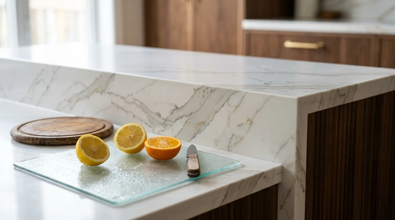 Sliced lemon and orange with a knife on a glass board over a white marble-patterned quartz countertop.