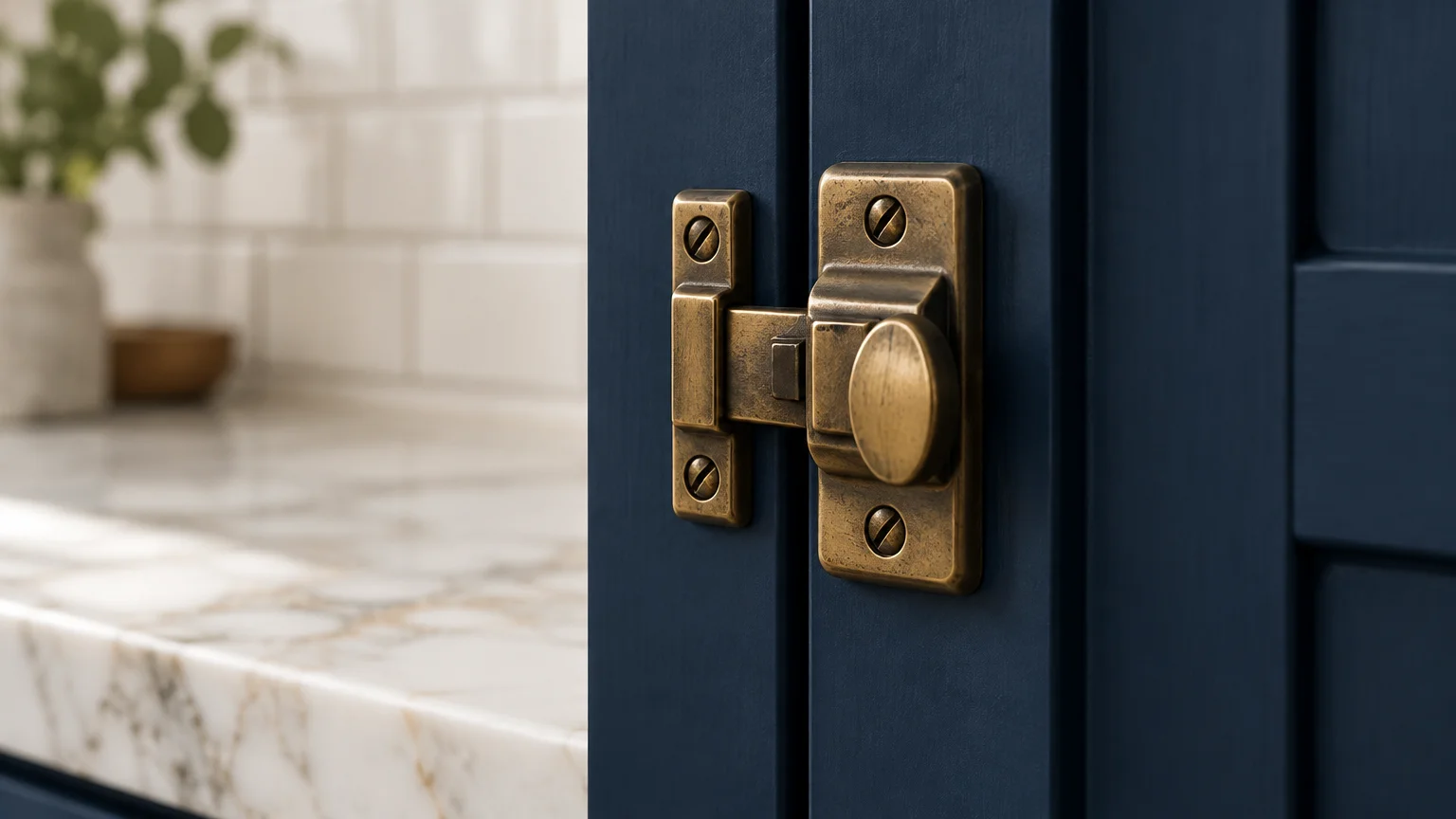 Brass cupboard latch with an aged patina mounted on a dark navy blue cabinet door beside marble countertops.