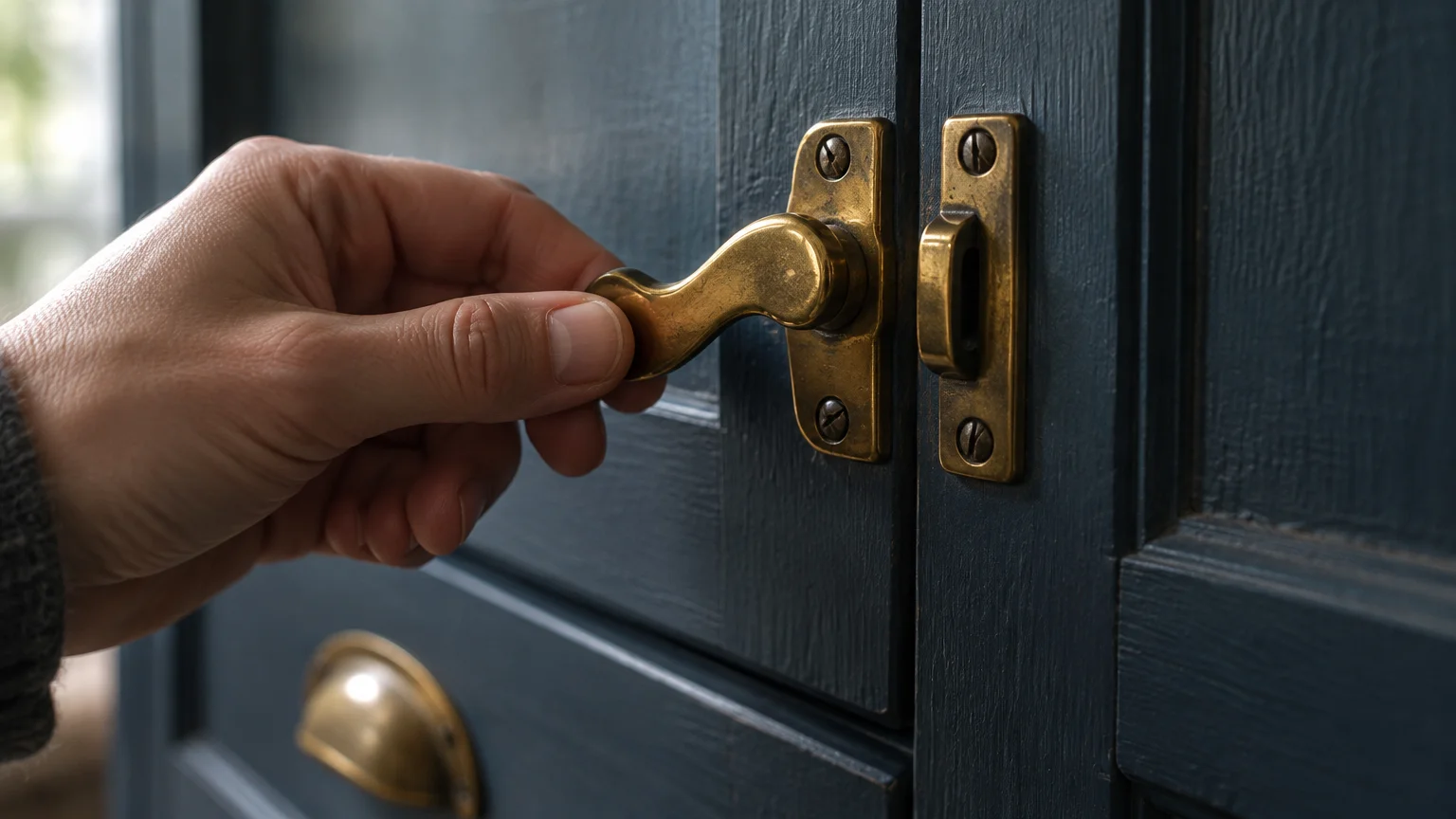 A hand opens a dark blue cabinet using an unlacquered brass latch, above a matching brass cup drawer pull.