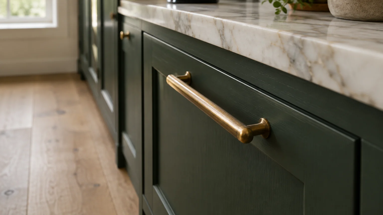 Dark forest green kitchen cabinets with brass pull handles and a marble countertop above light wood flooring.
