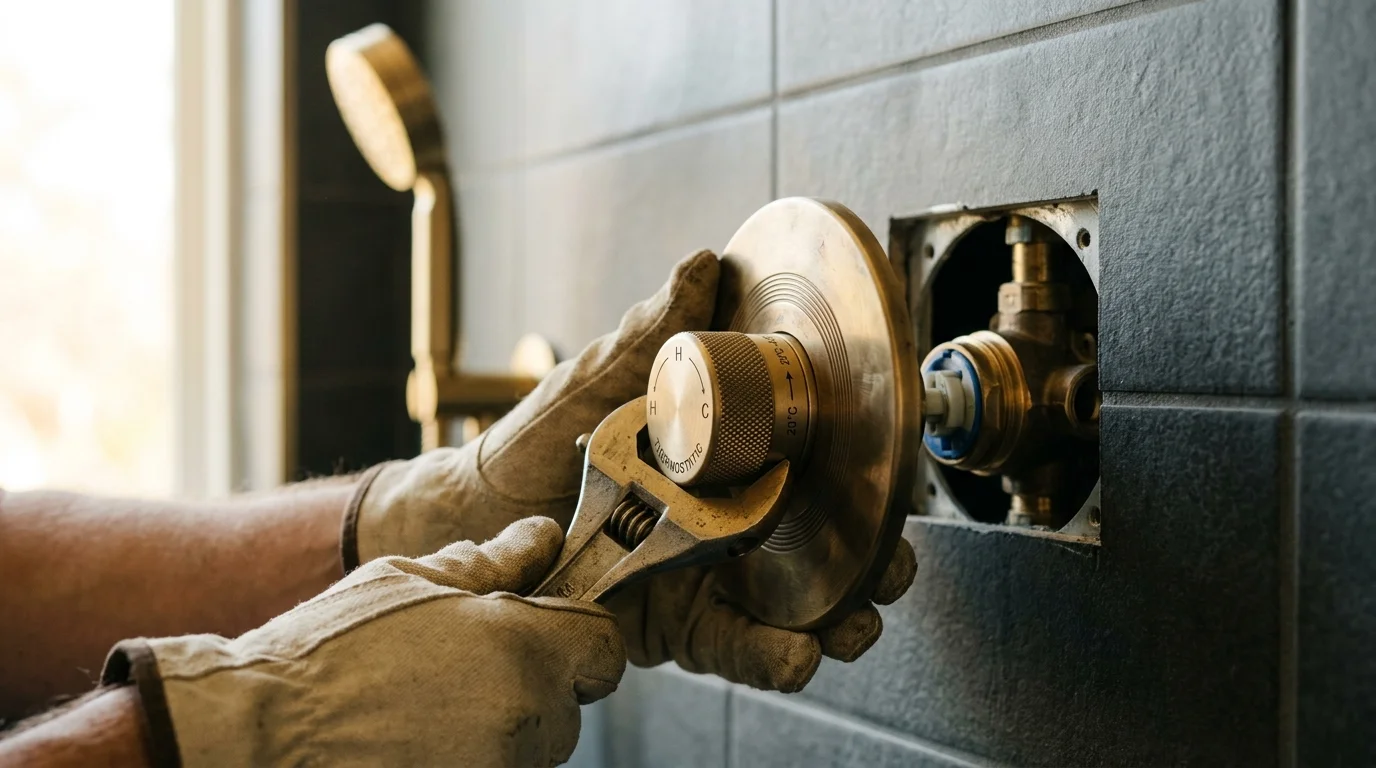 Gloved hands using a wrench to install a circular brass valve trim kit onto shower plumbing exposed in black tile.