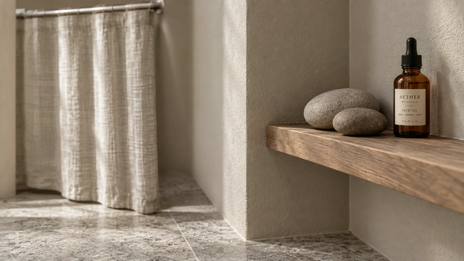 Amber dropper bottle and two smooth stones on a wooden floating shelf against textured pale greige plaster walls.