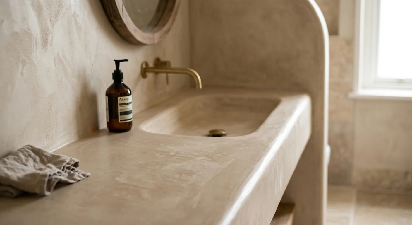 Beige micro-cement vanity with an integrated sink, wall-mounted brass faucet, soap dispenser, and round mirror.