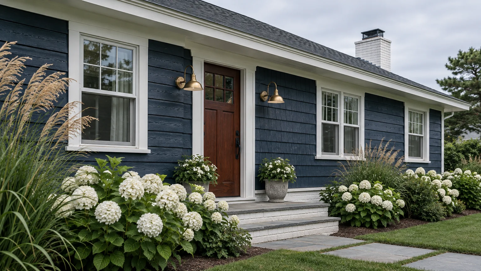 Dark blue ranch home exterior with white trim, a wood front door, brass sconces, and blooming white hydrangeas.