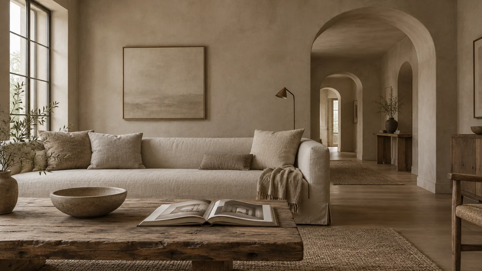Monochromatic beige living room with a linen sofa, rustic wooden coffee table, and arched hallway.
