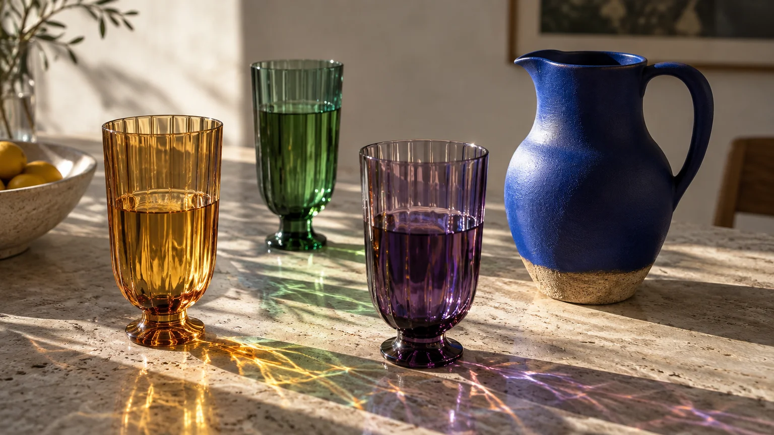 Three colorful fluted glasses and a blue ceramic pitcher casting vibrant sunlight reflections on a stone tabletop.