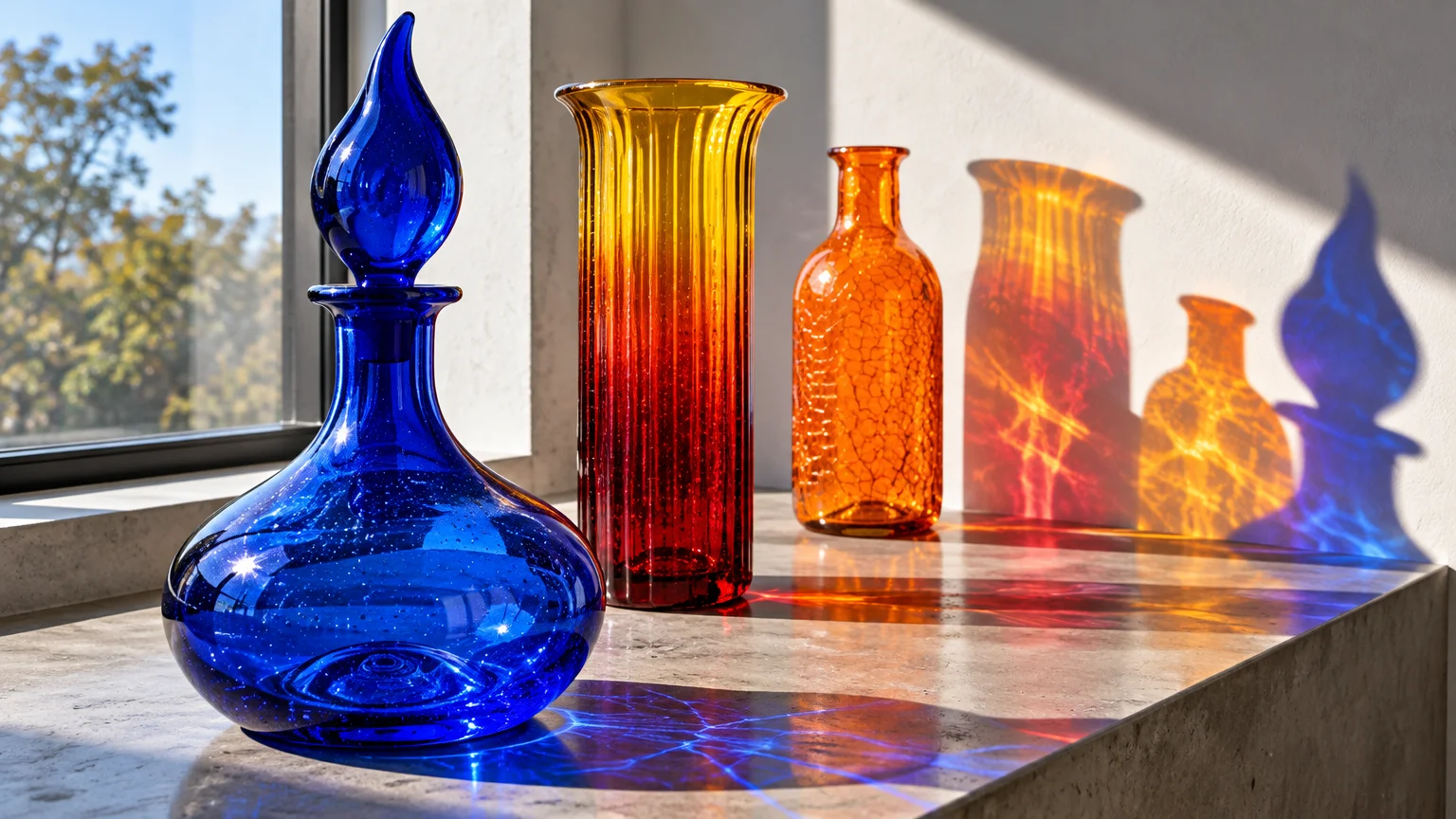 Cobalt blue, amberina, and tangerine art glass decanters on a windowsill casting colorful reflections on the wall and ledge.
