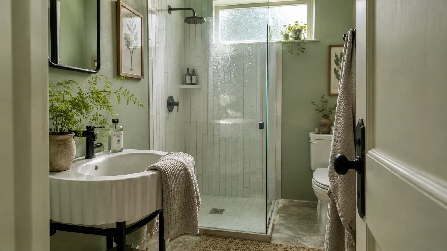 Small bathroom with light green walls, a fluted white sink, house plants, and a glass-enclosed shower stall.