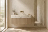 Minimalist bathroom featuring a floating marble vanity with fluted wood, textured beige walls, and a tall arched mirror.