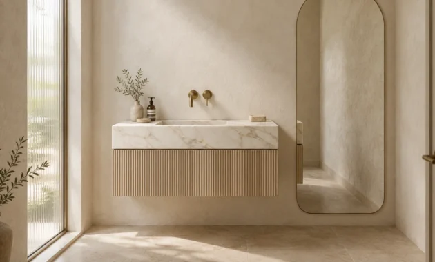 Minimalist bathroom featuring a floating marble vanity with fluted wood, textured beige walls, and a tall arched mirror.