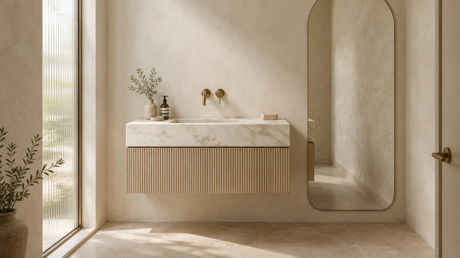 Minimalist bathroom featuring a floating marble vanity with fluted wood, textured beige walls, and a tall arched mirror.