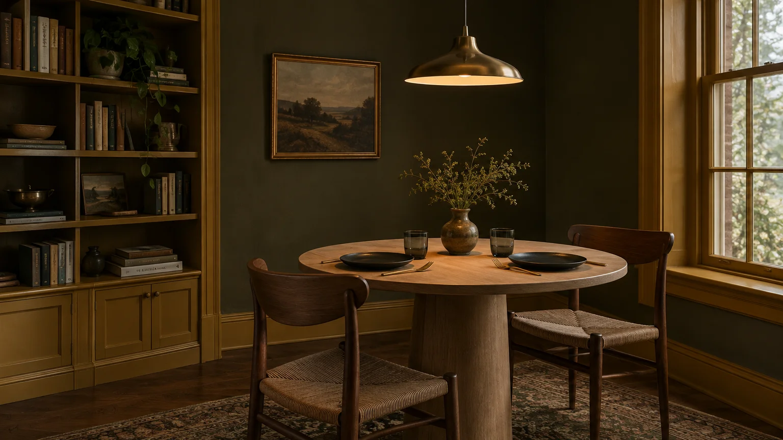 Dining nook with dark olive walls, ochre trim, built-in bookcase, round wood table, and brass pendant light.