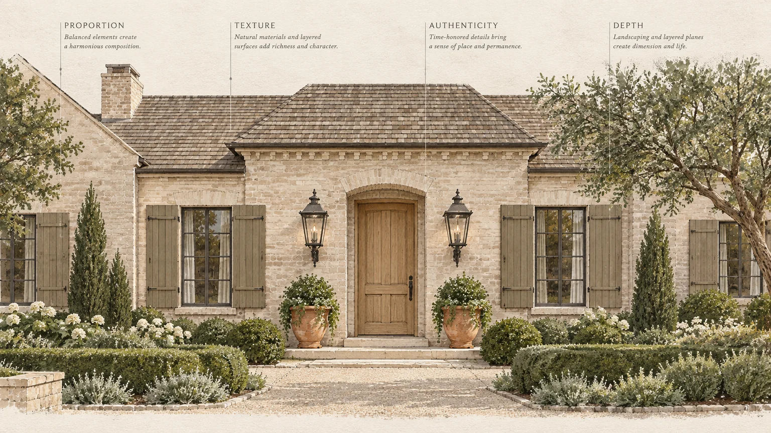 Illustration of a brick house facade and landscaping annotated with callouts for proportion, texture, authenticity, and depth.