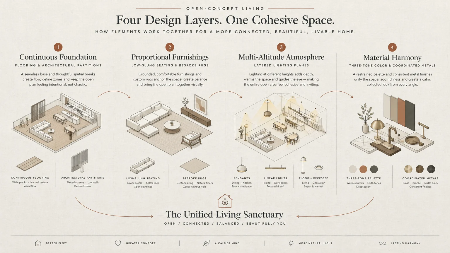 Diagram outlining four design layers for open-concept living: continuous foundation, furnishings, lighting, and materials.