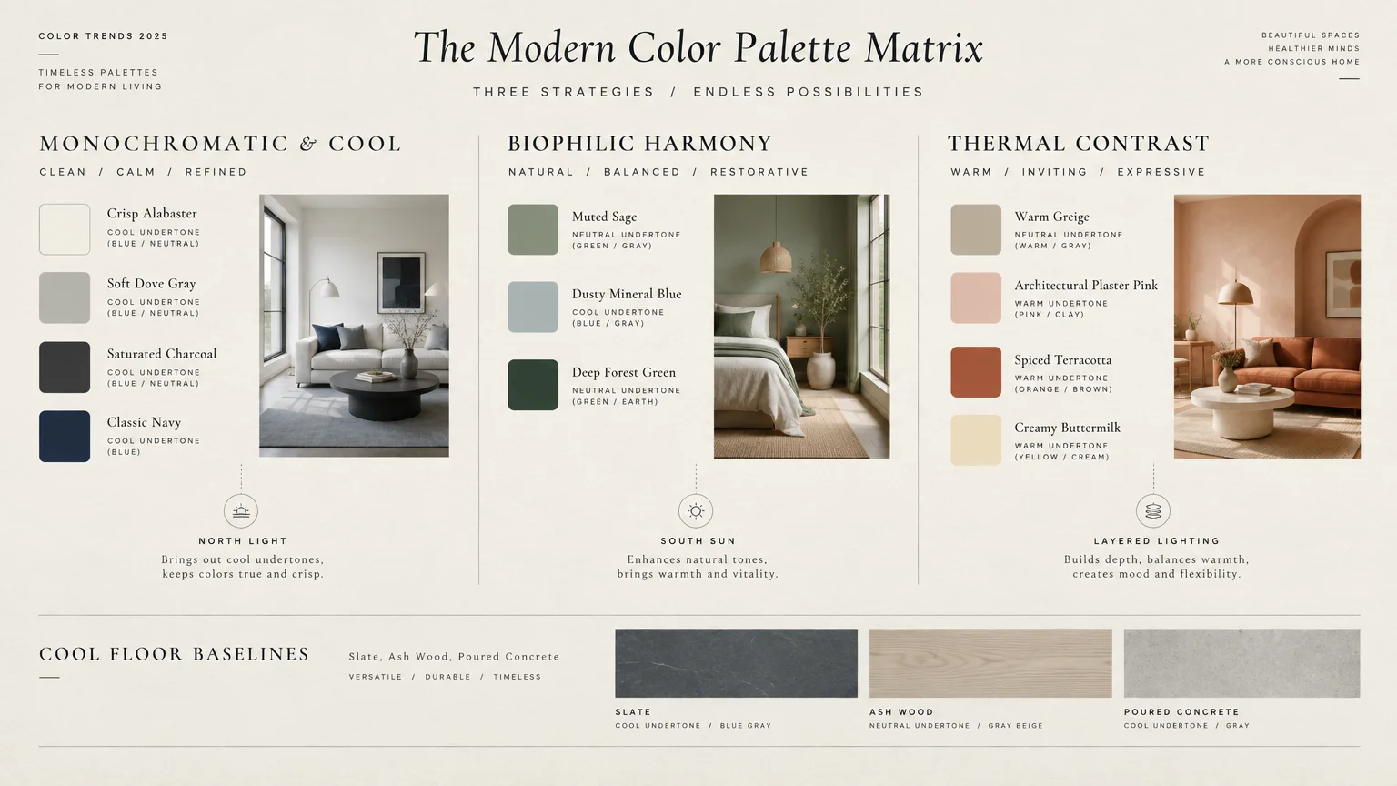 Color palette matrix chart showing monochromatic, biophilic harmony, and thermal contrast strategies with interior photos.